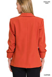 WOVEN 3/4 RUCHED SLEEVE OPEN FRONT CLASSIC BLAZER