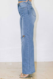 DISTRESS KNEE FLARED DENIM PANTS