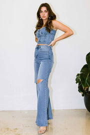 DISTRESS KNEE FLARED DENIM PANTS