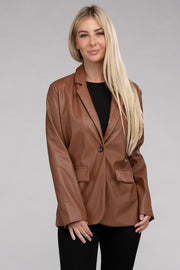 Sleek Pu Leather Blazer with Front Closure