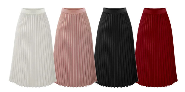 Trendy Female Midi Style Women Sexy Chiffon Pleated Skirts Solid Street Wear Elastic Band Long Skirt