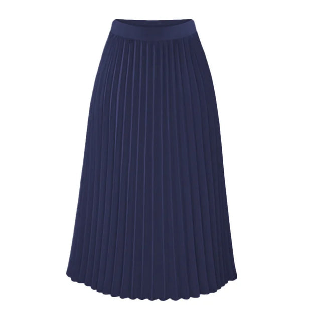 Trendy Female Midi Style Women Sexy Chiffon Pleated Skirts Solid Street Wear Elastic Band Long Skirt Blue