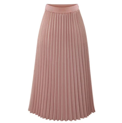 Trendy Female Midi Style Women Sexy Chiffon Pleated Skirts Solid Street Wear Elastic Band Long Skirt Pink