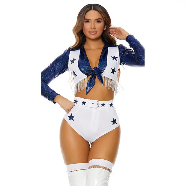 Women's Blue Sexy Bow Tie Cheerleading Uniforms Custom School Party Cheerleader Dallas