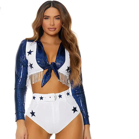 Women's Blue Sexy Bow Tie Cheerleading Uniforms Custom School Party Cheerleader Dallas