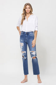 Distressed High Rise Ankle Relaxed Straight Jeans