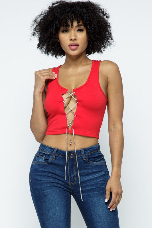 RHINE STONE DETAIL FRENCH TERRY CROP TOP