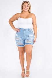 PLUS SIZE FRONT & BACK DISTRESSED DENIM SHORTS