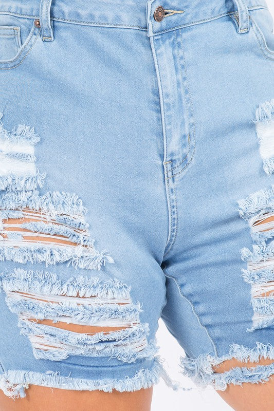 PLUS SIZE FRONT & BACK DISTRESSED DENIM SHORTS