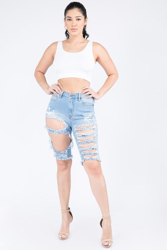 HIGH WAIST DISTRESSED DENIM BERMUDA SHORTS