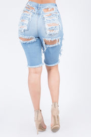 HIGH WAIST DISTRESSED DENIM BERMUDA SHORTS