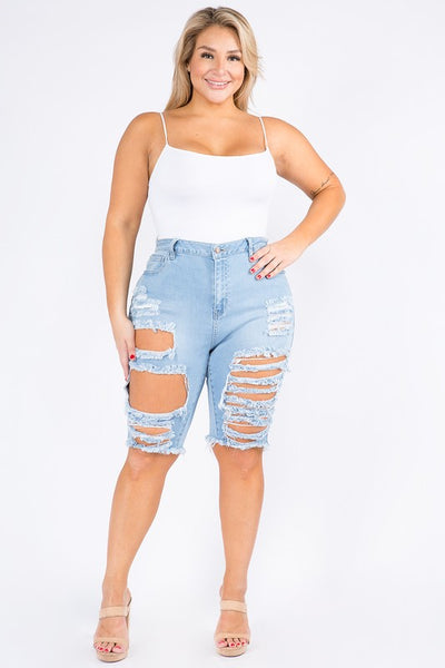 PLUS HIGH WAIST DISTRESSED DENIM BERMUDA SHORTS