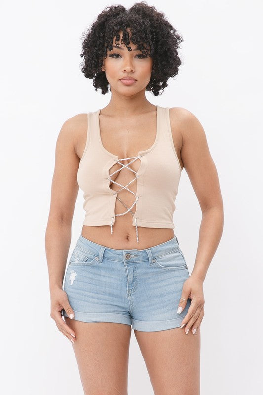 RHINE STONE DETAIL FRENCH TERRY CROP TOP