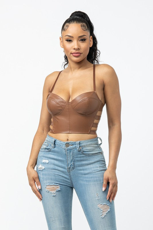 SOLID PU CROP TOP WITH SIDE CUT OUTS