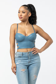 SOLID PU CROP TOP WITH SIDE CUT OUTS