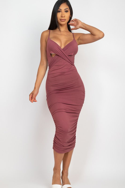 Cross Wrap Ruched Midi Valentines Dress