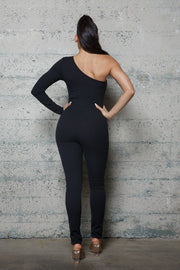 ONE SLEEVE AND STRAP RIB JERSEY JUMPSUIT