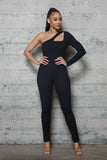 ONE SLEEVE AND STRAP RIB JERSEY JUMPSUIT