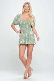 Romper with puff sleeve smock ditsy floral romper