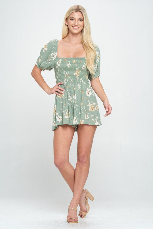 Romper with puff sleeve smock ditsy floral romper