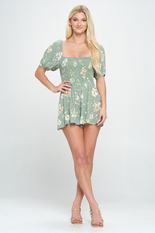 Romper with puff sleeve smock ditsy floral romper