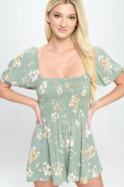 Romper with puff sleeve smock ditsy floral romper