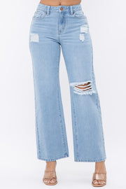 DISTRESS KNEE FLARED DENIM PANTS