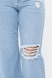 DISTRESS KNEE FLARED DENIM PANTS