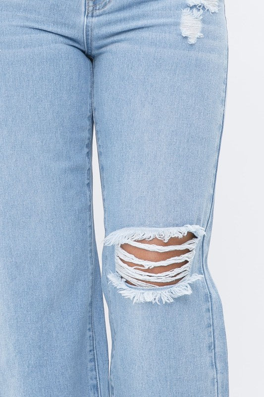 DISTRESS KNEE FLARED DENIM PANTS