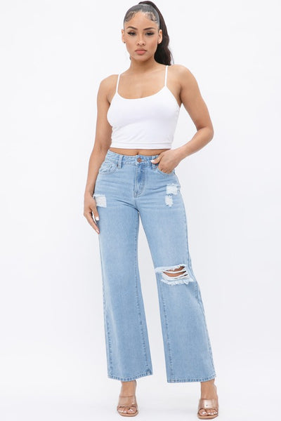 DISTRESS KNEE FLARED DENIM PANTS