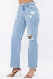 DISTRESS KNEE FLARED DENIM PANTS