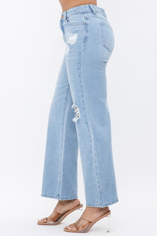 DISTRESS KNEE FLARED DENIM PANTS