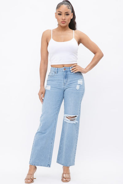 DISTRESS KNEE FLARED DENIM PANTS