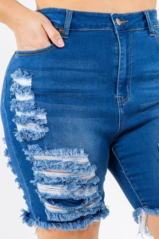 PLUS HIGH WAIST DISTRESSED THIGHS DENIM SHORTS