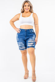 PLUS HIGH WAIST DISTRESSED THIGHS DENIM SHORTS