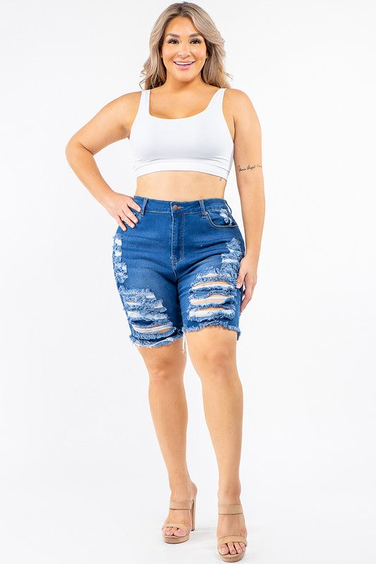 PLUS HIGH WAIST DISTRESSED THIGHS DENIM SHORTS