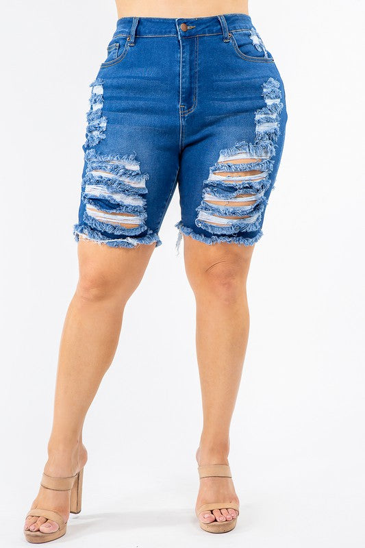 PLUS HIGH WAIST DISTRESSED THIGHS DENIM SHORTS