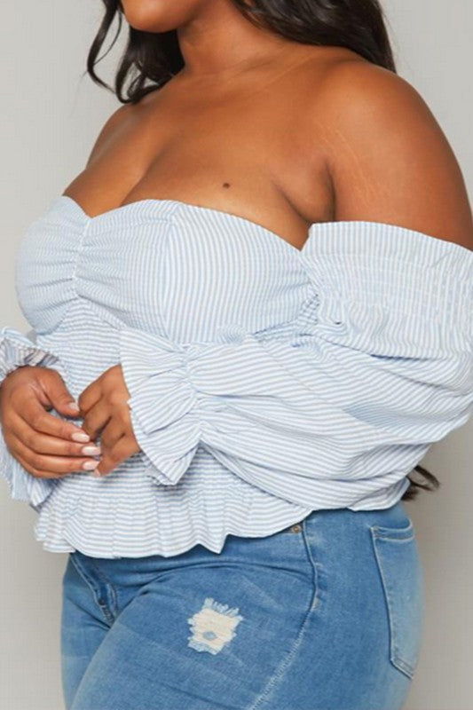 Plus Size Stripe Print Off Shoulder Smocked Top