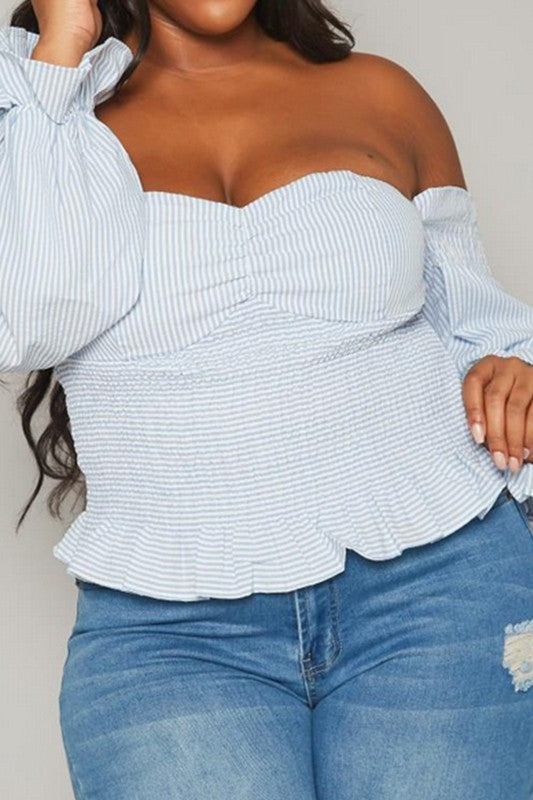 Plus Size Stripe Print Off Shoulder Smocked Top