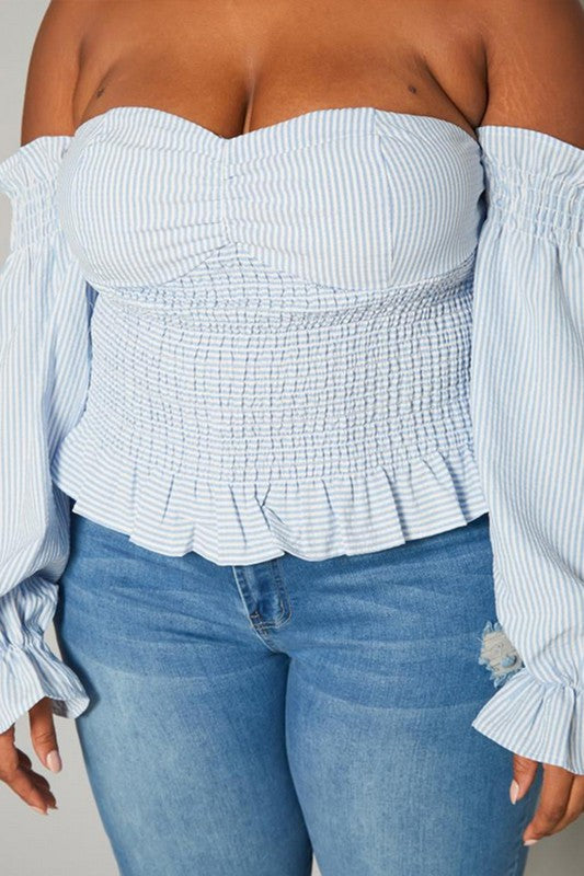 Plus Size Stripe Print Off Shoulder Smocked Top