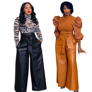 High Waist Leather Plus Size Wide Leg Leather Pants