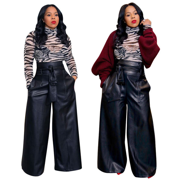 High Waist Leather Plus Size Wide Leg Leather Pants